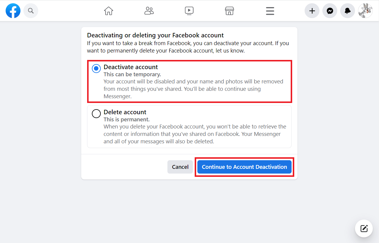 Elija Desactivar cuenta y haga clic en Continuar con Desactivación de cuenta