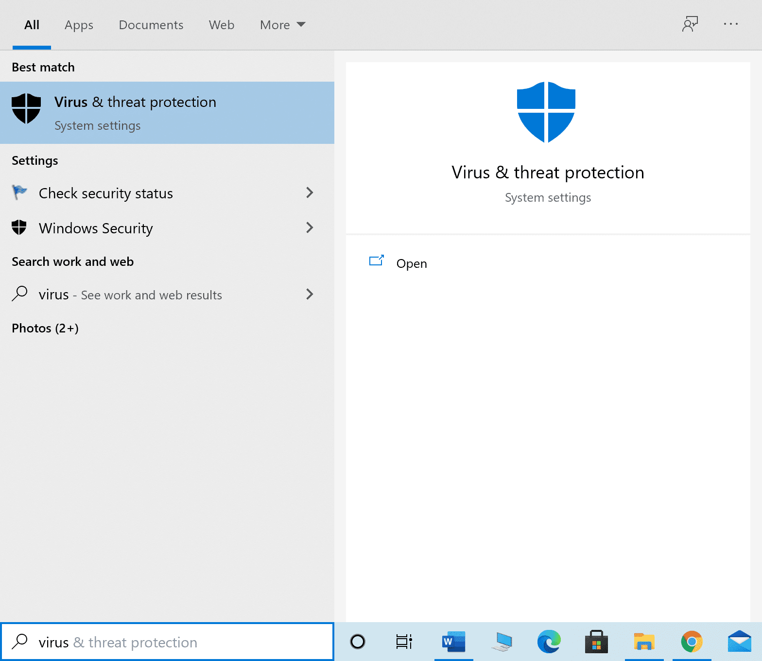 Escriba Protección contra virus y amenazas en la búsqueda de Windows y ejecútelo | ¿Cómo solucionar el uso elevado de la CPU en Windows 10?
